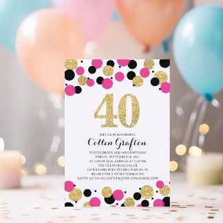 40. Geburtstag Black Hot Pink Gold Glitzer Confett Einladung