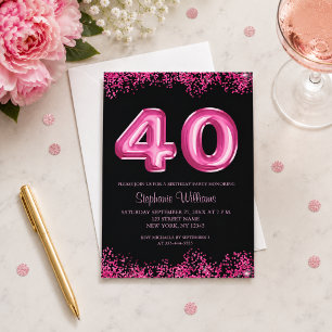 40. Geburtstag Black Pink Balloons Glitzer Party Einladung