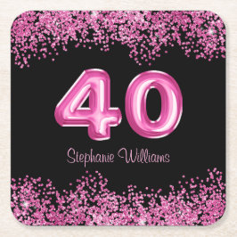 40. Geburtstag Black Pink Balloons Glitzer Party Rechteckiger Pappuntersetzer
