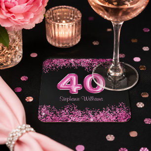 40. Geburtstag Black Pink Balloons Glitzer Party Rechteckiger Pappuntersetzer