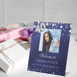 40. Geburtstag blauen Silberstars Foto willkommen Sockelschild