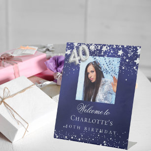40. Geburtstag blauen Silberstars Foto willkommen Sockelschild