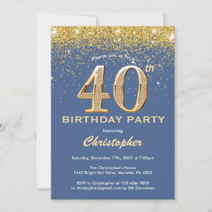 40. Geburtstag Blue and Gold Glitzer Confetti Einladung