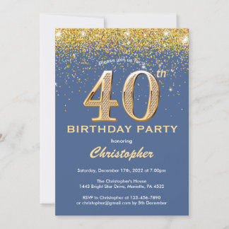 40. Geburtstag Blue and Gold Glitzer Confetti Einladung