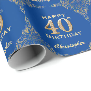 40. Geburtstag Blue and Gold Glitzer Frame Geschenkpapier