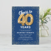 40. Geburtstag Blue Gold Einladung (Stehend Vorderseite)