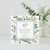 40. Geburtstag Blue Hydrangeas Einladung (Stehend Vorderseite)