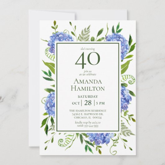 40. Geburtstag Blue Hydrangeas Einladung (Vorderseite)