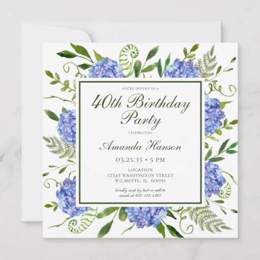 40. Geburtstag Blue Hydrangeas Script Einladung (Vorderseite)