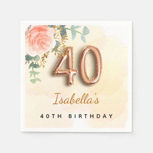 40. Geburtstag Blütengold-Rose Eukalyptus Monogram Serviette (Vorderseite)
