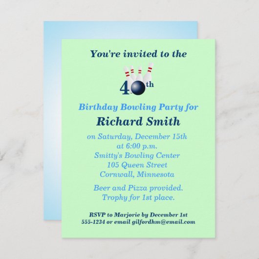 40. Geburtstag Bowling Party Einladung (Vorne/Hinten)