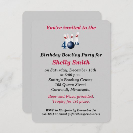 40. Geburtstag Bowling Party Einladung (Vorne/Hinten)