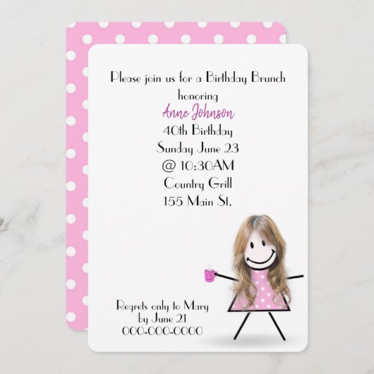 40. Geburtstag Brunch Strichfigur-Mädchen Einladung (Vorne/Hinten)