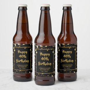40. Geburtstag Brush Script Black Gold Stars Bierflaschenetikett