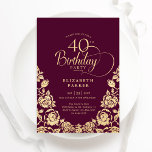 40. Geburtstag Burgund Gold Rose Einladung<br><div class="desc">Burgund Gold elegante 40. Geburtstag Party Einladung. Klassisches Design mit Rose,  Imitaten Goldfolie und Typografie Script Schriftart. Die trendige Einladungskarte eignet sich perfekt für eine stilvolle Damenfeier. Personalisieren Sie Ihre persönlichen Daten. Kann für jedes Alter angepasst werden. Gedruckte Zazzle-Einladungen oder Sofortdownload digitaler Druckvorlage.</div>