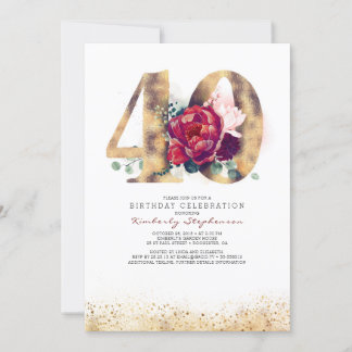 40. Geburtstag Burgund Red and Gold Glitzer Einladung