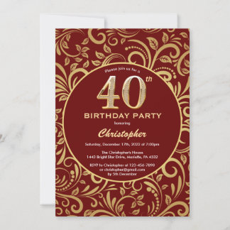 40. Geburtstag Burgund Rot und Gold Floral Muster Einladung