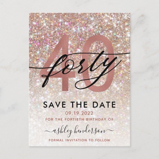 40. Geburtstag Chic Glitzer Ombre Save the Date Postkarte (Vorderseite)