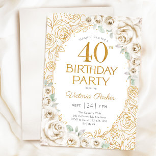 40. Geburtstag Creme Gold Blumen Weiblich Einladung