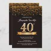 40. Geburtstag Einladung Black and Gold Glitzer (Vorne/Hinten)