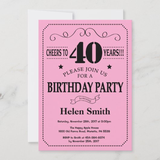 40. Geburtstag Einladung Black and Pink (Vorderseite)