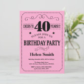 40. Geburtstag Einladung Black and Pink (Stehend Vorderseite)