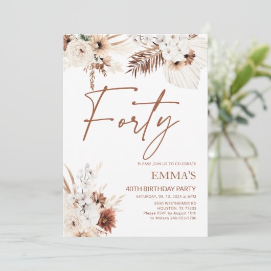 40. Geburtstag Einladung Boho Pampas (Stehend Vorderseite)