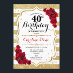 40. Geburtstag Einladung Gold Weiße Streifen Rose<br><div class="desc">40. Geburtstag Einladung Elegantes goldfarbenes Design mit Imitat Glitzer. Die Streifen sind goldgelb und weiß mit rote Rosen. Ideal für eine elegante Geburtstagsfeier.</div>