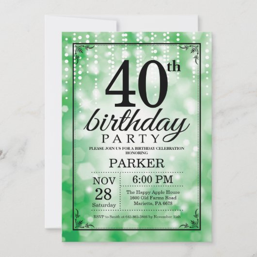 40. Geburtstag Einladung Grüner Glitzer (Vorderseite)