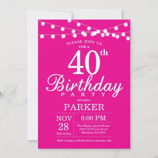 40. Geburtstag Einladung Hot Pink (Vorderseite)