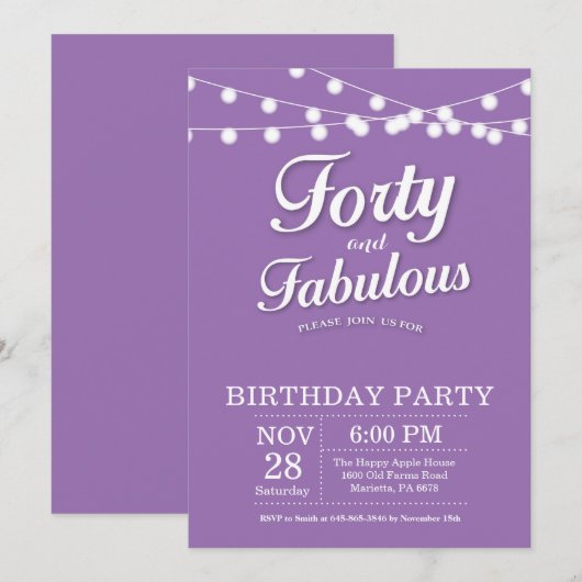40. Geburtstag Einladung Lila fabelhaft (Vorne/Hinten)