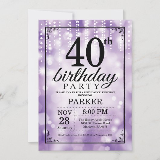 40. Geburtstag Einladung Lila Glitzer (Vorderseite)
