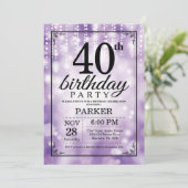 40. Geburtstag Einladung Lila Glitzer (Stehend Vorderseite)
