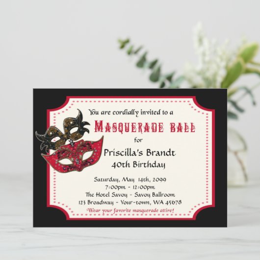 40. Geburtstag Einladung masquerade,40.,masquerad (Stehend Vorderseite)