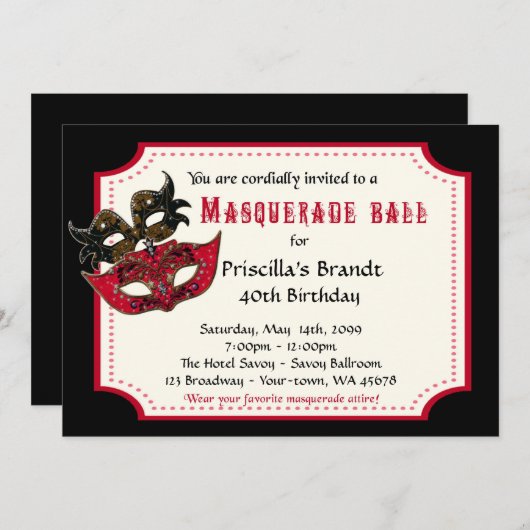 40. Geburtstag Einladung masquerade,40.,masquerad (Vorne/Hinten)