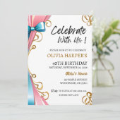 40. Geburtstag Einladung mit rosa & blauen Ribbons (Stehend Vorderseite)