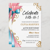 40. Geburtstag Einladung mit rosa & blauen Ribbons (Vorne/Hinten)