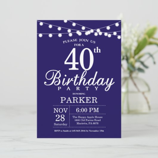 40. Geburtstag Einladung Navy Blue (Stehend Vorderseite)