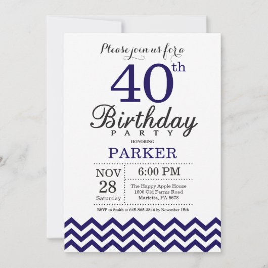 40. Geburtstag Einladung Navy Blue Zickzack (Vorderseite)