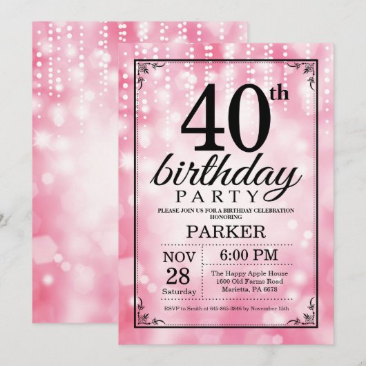 40. Geburtstag Einladung Rosa Glitzer (Vorne/Hinten)