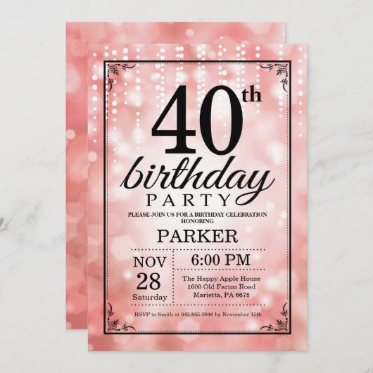 40. Geburtstag Einladung Rosa Glitzer (Vorne/Hinten)