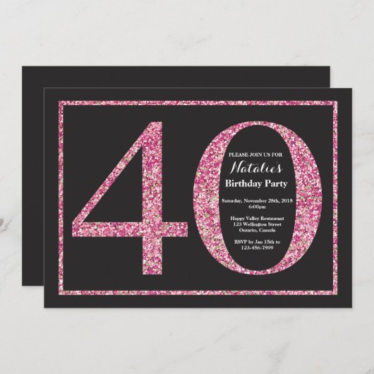 40. Geburtstag Einladung Rosa Glitzer Chalkboard (Vorne/Hinten)