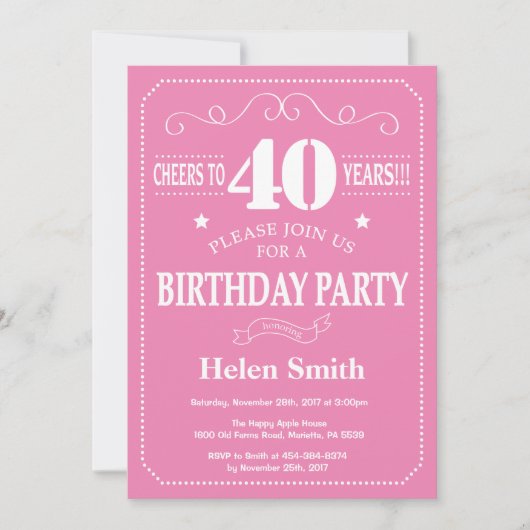 40. Geburtstag Einladung Rosa und Weiß (Vorderseite)