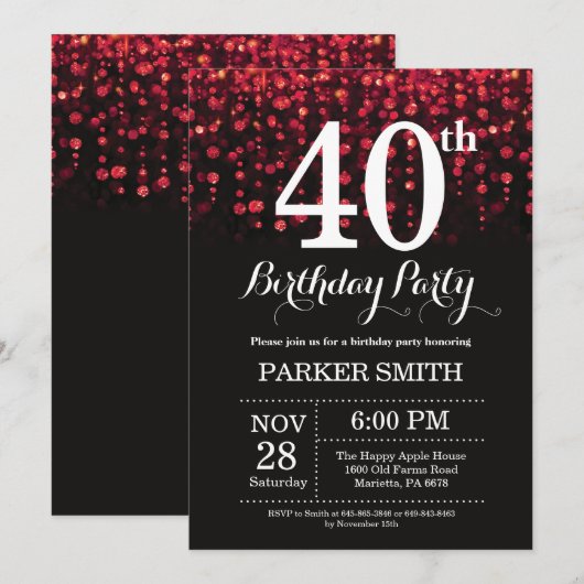 40. Geburtstag Einladung Roter Glitzer (Vorne/Hinten)