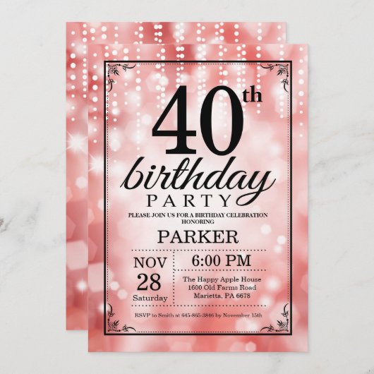 40. Geburtstag Einladung Roter Glitzer (Vorne/Hinten)