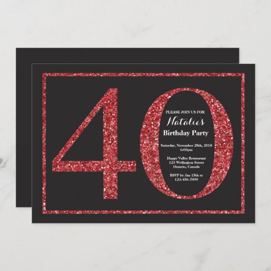 40. Geburtstag Einladung Roter Glitzer Chalkboard (Vorne/Hinten)