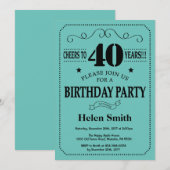 40. Geburtstag Einladung Schwarz und Aquamarin (Vorne/Hinten)