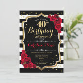 40. Geburtstag Einladung Schwarz-weiße Streifen Ro (Stehend Vorderseite)