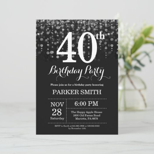 40. Geburtstag Einladung Silberner Glitzer (Stehend Vorderseite)