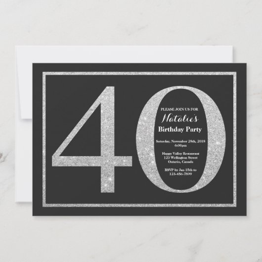 40. Geburtstag Einladung Silver Glitzer Chalkboard (Vorderseite)
